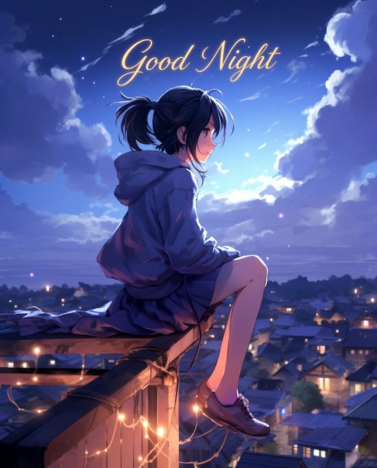 An anime-style illustration shows a girl with a ponytail in a hoodie sitting on a rooftop overlooking a town at night, with the text 'Good Night' in cursive above her.