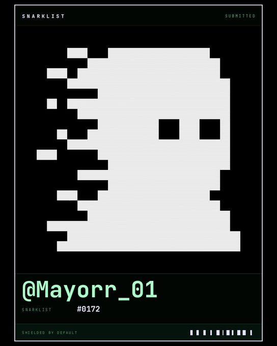 A black and white pixel art style poster labeled 'SNARKLIST' shows a fragmented ghostly figure with text '@Mayorr_01' and '#0172' in green.
