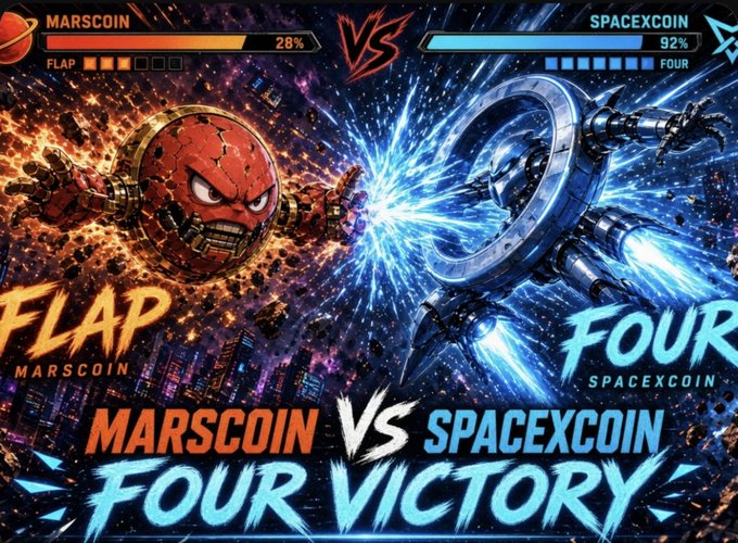 A video game-style battle screen depicts 'MARSCOIN' (Flap, 28%) vs 'SPACEXCOIN' (Four, 92%), with 'FOUR VICTORY' displayed as the outcome.