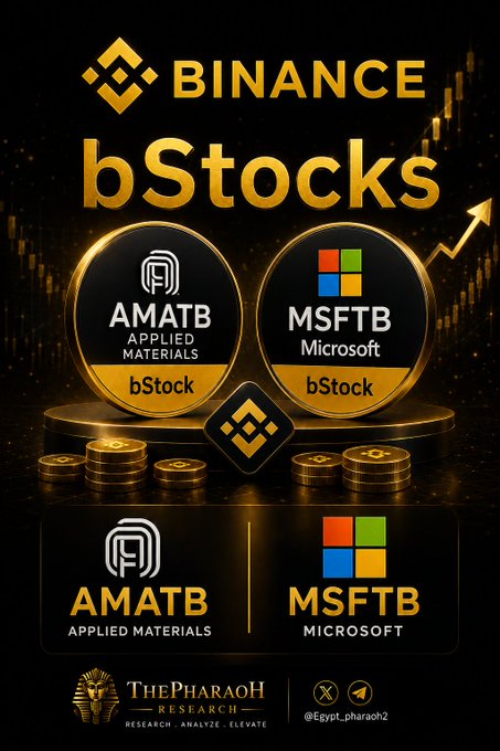 Binance promotional graphic announcing bStocks support for dividend distributions on tokenized versions of Applied Materials (AMATB) and Microsoft (MSFTB), featuring golden Binance branding with company logos displayed on coin-styled medallions, alongside The Pharaoh Research branding and the handle @Egypt_pharaoh2.