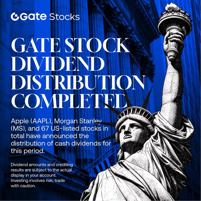 Gate Stocks announces the completion of its dividend distribution for the period, covering 69 US-listed stocks including Apple (AAPL) and Morgan Stanley (MS), as prominently displayed against a blue-toned background featuring the Statue of Liberty. The announcement includes a disclaimer noting that dividend amounts and crediting results are subject to the actual display in user accounts, and warns that investing involves risk.