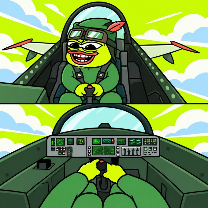 A cartoon illustration of a Pepe-style character dressed as a pilot in a fighter jet cockpit, shown in both front-facing and first-person views.