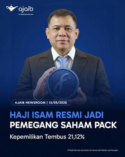 A news graphic from 'Ajaib Newsroom' dated 13/05/2026 announcing that Haji Isam has officially become a shareholder of PT Ajaib Sekuritas Asia with 21.12% ownership.