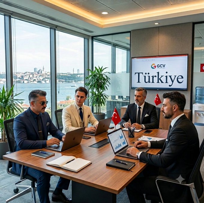 Four men in business suits seated around a conference table in an office with a window view, with a screen displaying 'Türkiye' and small Turkish flags on the table.