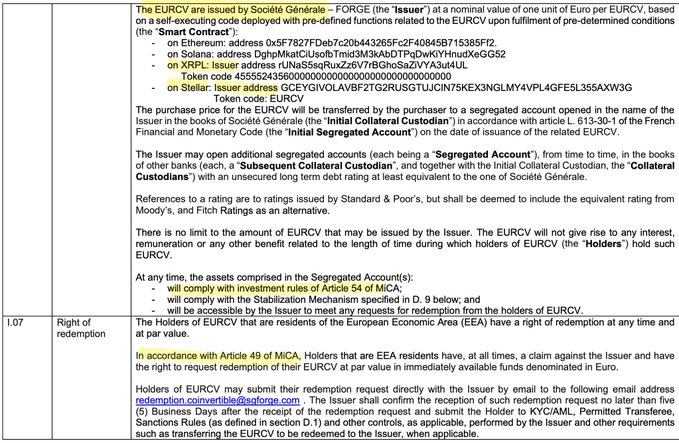 The image shows a document titled "White paper for the EURCV stablecoin confirms Société Générale-FORGE issued it natively on both the XRPL and Stellar protocols". The document appears to be written in French, as indicated by the text being in French. It is presented against a gray background with white text.