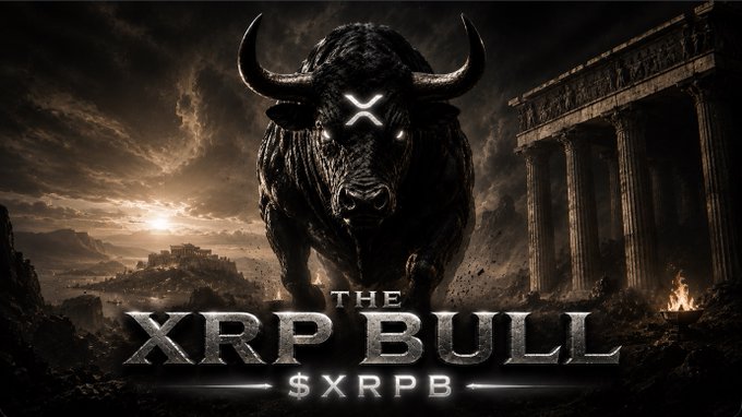 A fierce, dark-toned digital illustration features a massive black bull with glowing eyes and an "X" symbol on its forehead charging forward, set against a stormy sky with ancient Greek-style columns on the right. Bold metallic text reads "THE XRP BULL" and "$XRPB," visually reinforcing the post's message that $XRPB is poised for a major bullish surge alongside XRP's rapid accumulation momentum.