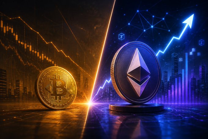 A stylized graphic depicting cryptocurrency markets, showing a golden Bitcoin coin on the left against a fiery orange background with a declining chart, and a silver Ethereum coin on the right against a blue background with a rising arrow.