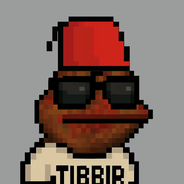Pixel art of a Shiba Inu dog wearing dark sunglasses and a red cap, sitting behind a "TIBBIR" nameplate, with reddish-brown tones and a gray background. The image's bold "TIBBIR" text and bullish, sunglasses-wearing dog mascot visually amplify the post's enthusiastic endorsement of the $TIBBIR token.