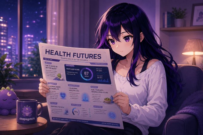 An anime-style illustration of a purple-haired girl reading a newspaper titled 'HEALTH FUTURES' with charts and health statistics, sitting in a cozy room with a 'Sleepagotchi' mug visible.