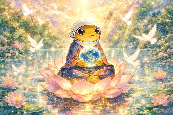 A digital illustration of a cute, frog-like character wearing a spacesuit, sitting in a lotus position on a glowing pink lotus flower while holding Earth, surrounded by flying white doves and a sunlit forest.