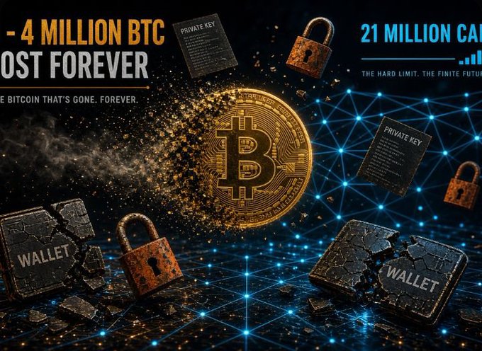 A Bitcoin-themed graphic showing a gold coin surrounded by broken wallets and padlocks with text referencing 4 million BTC lost forever and 21 million cap.