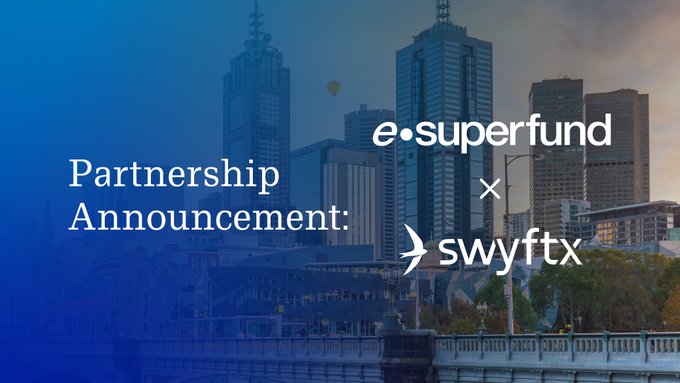 A partnership announcement graphic showing 'e•superfund × swyftx' logos overlaid on a city skyline at sunset.