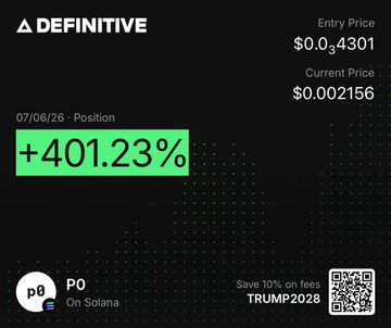 A Definitive trading position screen showing entry price $0.04301, current price $0.002156, with a +401.23% return on a TRUMP2028 token on Solana.