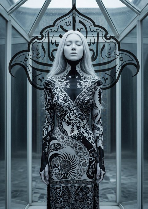 A woman with long blonde hair stands with closed eyes wearing an ornate patterned dress, set against a decorative backdrop resembling architectural stained glass in cool blue tones.