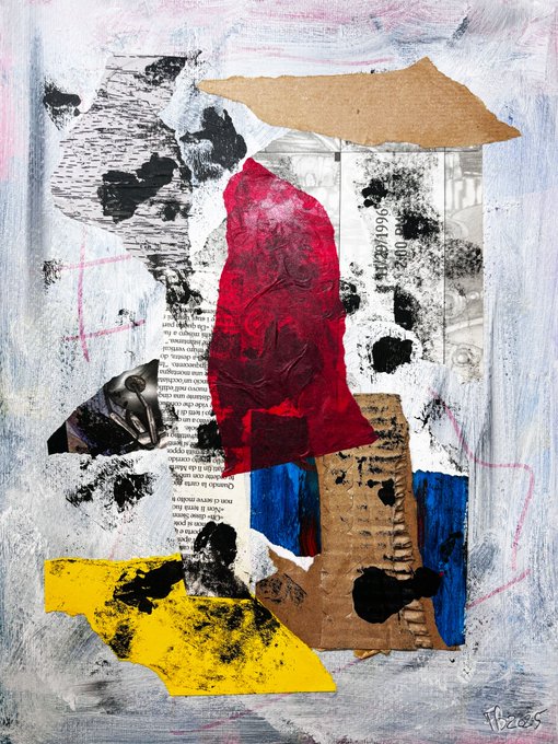 An abstract mixed-media collage artwork featuring torn paper, newspaper clippings, and painted elements in red, yellow, blue, black, and white with a signature 'FRCAS' in the bottom right corner.
