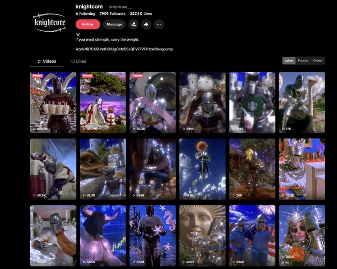 A TikTok profile page for "knightcore" shows 6 posts, 7,959 followers, 227.5K likes, and a grid of 18 video thumbnails featuring various Knights, warriors, and dark fantasy characters, supporting the post's claim about the coin's viral TikTok content and unique visual appeal.
