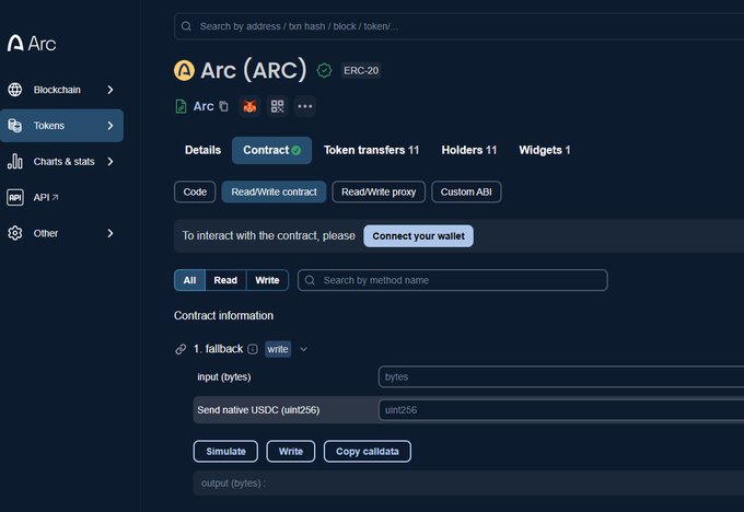 Arc blockchain explorer page showing the Arc (ARC) ERC-20 token details, with a 'Connect your wallet' prompt to interact with the Read/Write contract.