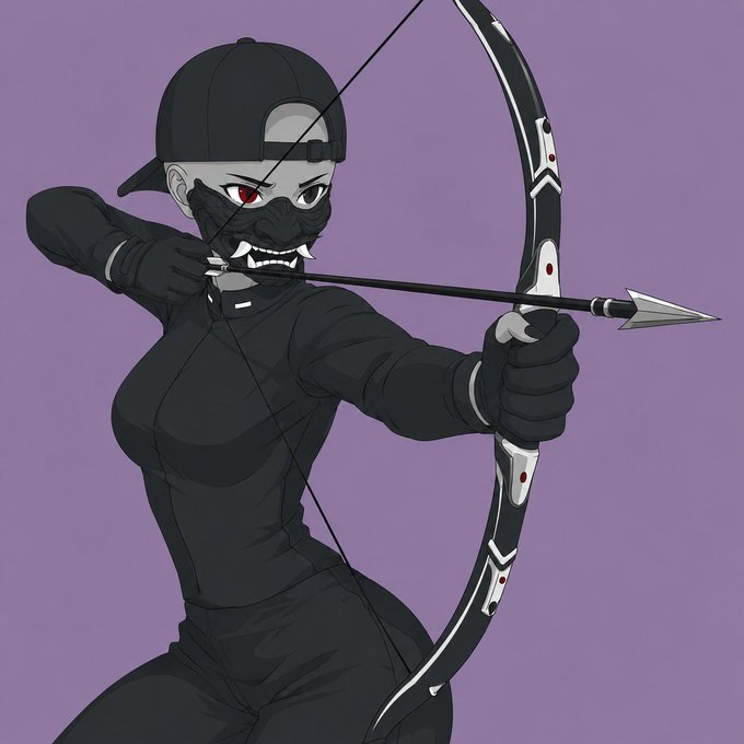 An anime-style illustration of a female character dressed in black tactical gear with a cap and mask, drawing a bow and arrow with an intense red-eyed glare.