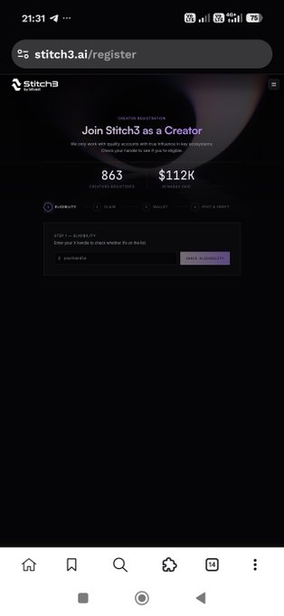 A mobile screenshot shows the 'Join Stitch3 as a Creator' registration page on stitch3.ai/register, displaying 863 creators registered and $112K rewarded.