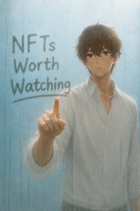 An anime-style character with brown hair and a white shirt writes "NFTs Worth Watching" on a glass board. The image serves as a title graphic for a post listing upcoming NFT collections the author is monitoring, including Spritehoodio, THEBUFOS, Scamart, and several others with their supply numbers.