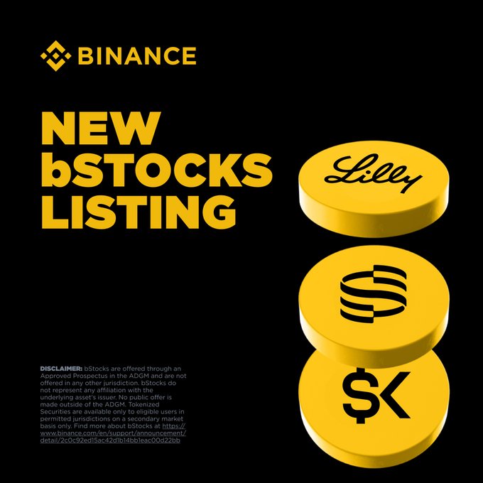 A Binance promotional graphic with a black background announces "NEW bSTOCKS LISTING" in bold yellow text, alongside three gold coin icons featuring the Lilly (LLY), Sberbank (SECZB), and SK Group logos. The image visually reinforces the post's announcement of new bStocks trading pairs (JPMB/USDT, LLYB/USDT, SECZB/USDT, and USDEB/USDT) available on the Binance platform.
