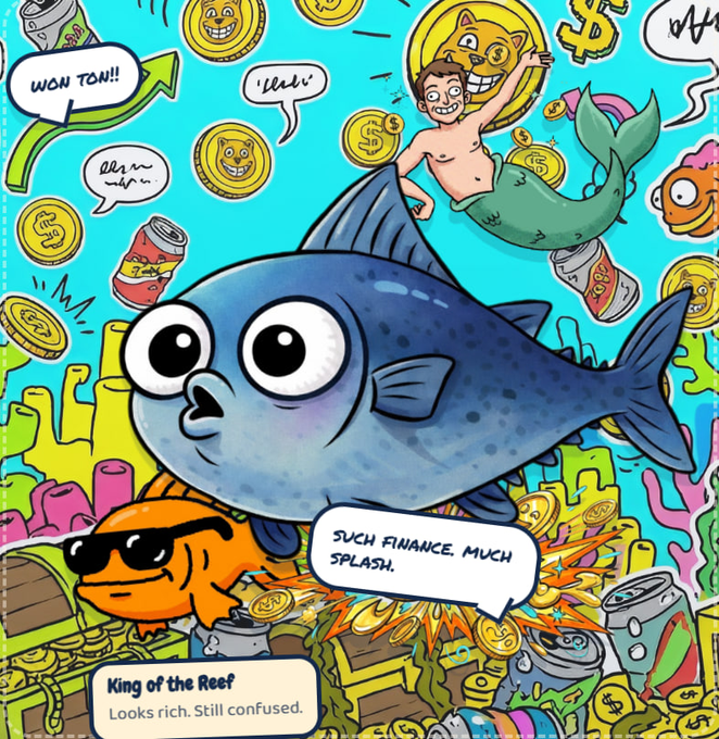 The image features a cartoon fish with a speech bubble that says "Such finance, much finance." The fish appears to be swimming through a sea of coins, suggesting an underwater theme for the artwork. The background includes various elements such as a mermaid, a pirate ship, and other sea creatures like sharks and dolphins. The post also mentions the importance of money in the world of Finances.