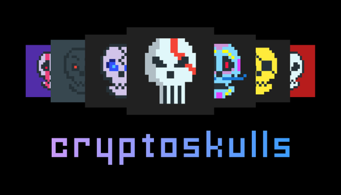 Logo for 'cryptoskulls' featuring a central white skull marked with three vertical lines below it, flanked by a fan of pixelated, colorful skull cards in purple, gray, black, cyan, yellow, and red.
