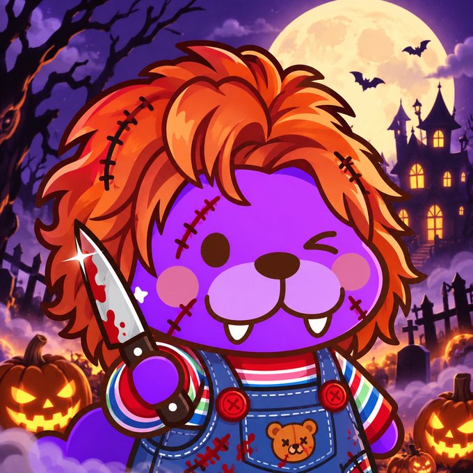 An illustration of a purple bear character with orange hair, dressed in striped shirt and overalls, holding a bloody knife in a Halloween setting with a full moon and jack-o'-lanterns.