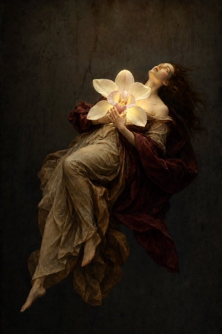 A surreal, classical-style painting depicts a woman in flowing red and beige drapery holding a large white orchid, appearing to float against a dark background.