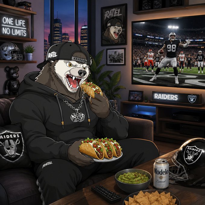 An anthropomorphic raccoon wearing a 'RATEL' cap and Raiders gear devours hot dogs while watching a Raiders game on TV, surrounded by Raiders memorabilia and a neon 'ONE LIFE NO LIMITS' sign.