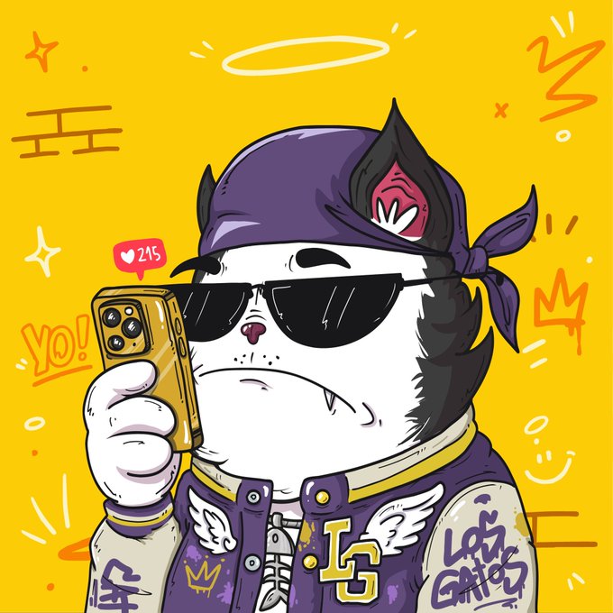 A stylish cartoon cat character wearing a purple bandana, sunglasses, and an LA varsity jacket takes a selfie on a gold phone (showing "215" likes), with a yellow background featuring graffiti text and a halo—promoting the "#LosGatos Alley Cat" NFT collection minting in July on Hedera, fitting the post's theme of a bold, street-culture-inspired reveal.