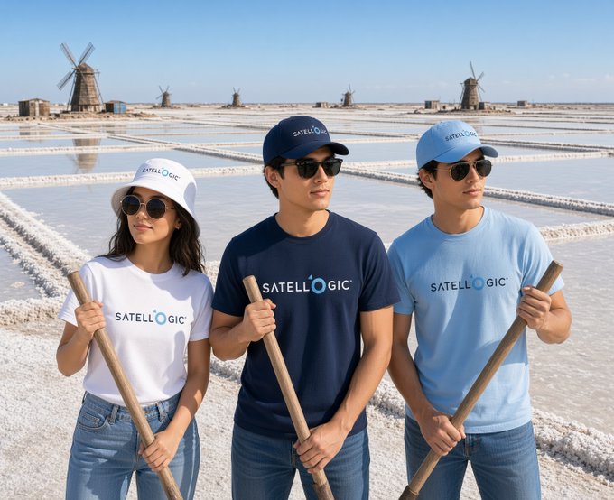 Three people wearing 'SATELLGIC' branded caps and t-shirts in white, navy, and light blue stand holding long wooden poles in a salt flat with traditional windmills in the background.
