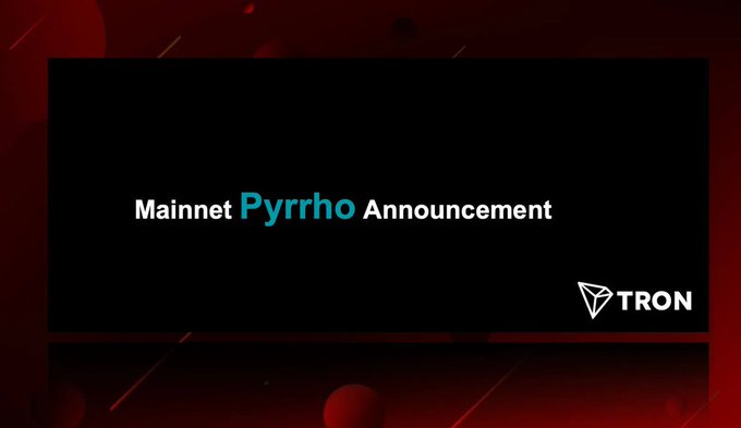 A promotional graphic reading 'Mainnet Pyrrho Announcement' with the TRON logo in the bottom right corner against a red and black background.