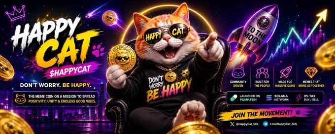 A 'HAPPY CAT' meme coin promotional banner featuring a cat wearing sunglasses with the slogan 'Don't worry. Be happy' and 'The meme coin on a mission to spread positivity,' launching on Pump.fun with 0% tax.