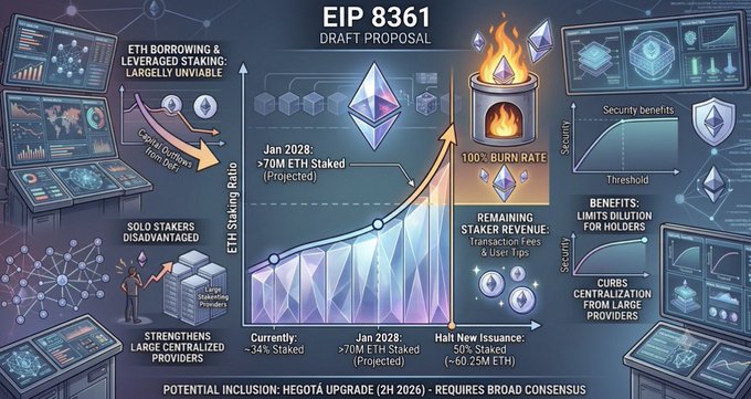 An infographic titled 'EIP 8361 DRAFT PROPOSAL' explaining ETH staking changes with charts showing staking ratios, burn rates, and impacts on solo stakers and large centralized providers.