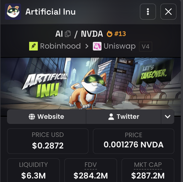 The image displays a crypto listing for "Artificial Inu" ($AI/NVDA #13) priced at $0.2872, with a market cap of $287.2M and available on Robinhood and Uniswap (V4). It appears to be a response option to the question of whether to buy $AI or $PONS, highlighting $AI as one of the choice tokens with significant liquidity of $6.3M.