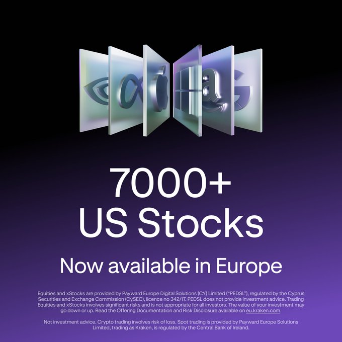An advertisement for Kraken promoting '7000+ US Stocks Now available in Europe' with stylized translucent panels displaying various icons.