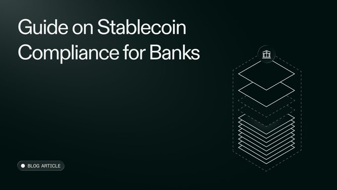A title card for a blog article reading 'Guide on Stablecoin Compliance for Banks,' featuring a minimalist line illustration of stacked layers topped with a bank icon on a dark background.