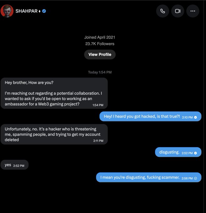 A DM conversation with 'SHAHPAR' (23.7K followers, joined April 2021), where the other person asks about a Web3 gaming project ambassador collaboration and denies a hacking rumor, while the user calls them a 'disgusting, fucking scammer.'