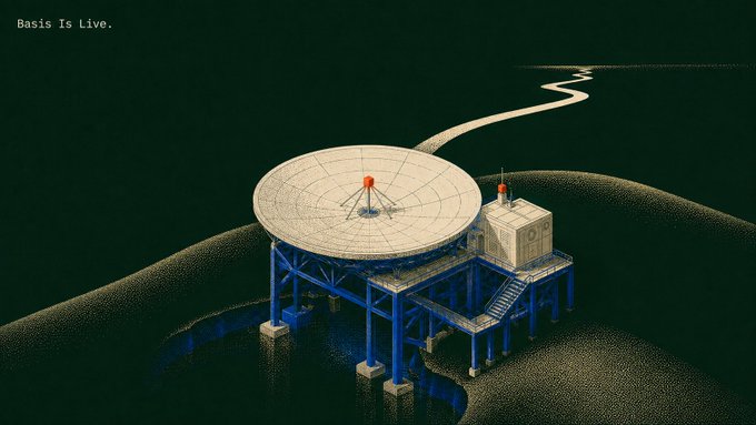 An illustration shows a satellite dish-like structure perched on a hill with a winding path leading to it, with the text "Basis Is Live." in the upper left corner—evoking the broadcast/signal theme of a privacy layer for tokenized assets, suggesting a secure "antenna" relaying public transactions while keeping records private.