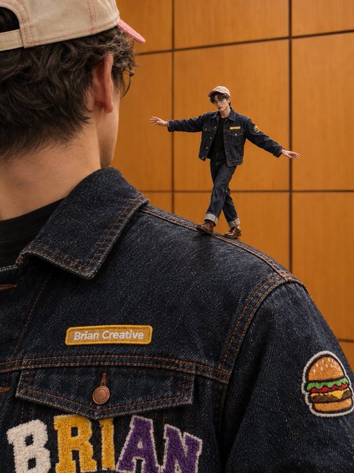A creative image showing a man from behind wearing a denim jacket with patches reading 'Brian Creative', 'BRIAN', and a hamburger patch, with a miniature version of himself balancing on his shoulder.