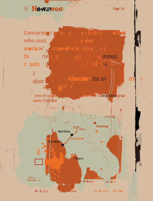 A stylized, orange-tinted screenshot of a Newsweek article about concerns regarding chokepoints in the China-Myanmar Economic Corridor, featuring a map with locations like Mandalay, Muse, and Yangon.
