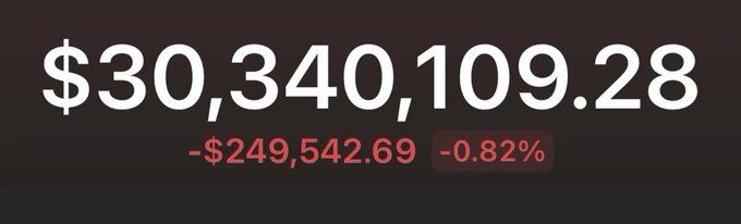 Financial display showing a large balance of '$30,340,109.28' in white text with a red loss of '-$249,542.69' and percentage '-0.82%' below it.