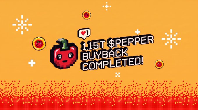 A pixel art graphic on an orange background featuring a red pepper character and the text "1.15T $PEPPER BUYBACK COMPLETED!"
