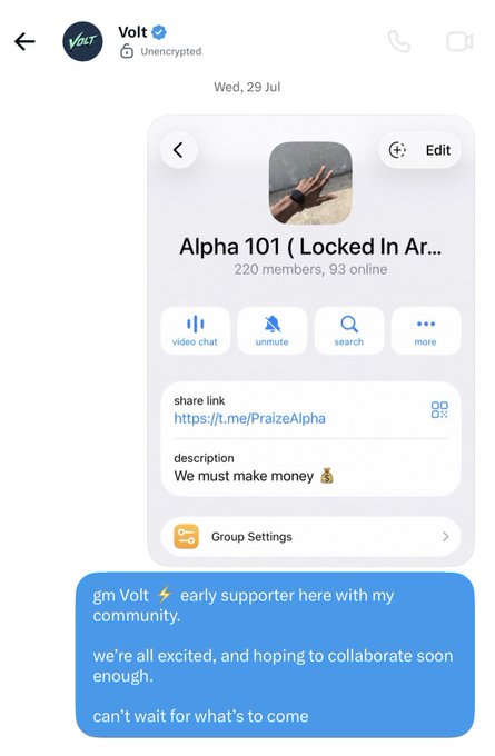 A screenshot of a Telegram group chat called "Alpha 101 (Locked In Ar...)" with 220 members, where user Volt shares that they are an early supporter excited about upcoming community collaborations. The message supports the poster's claim of being a long-time Volt supporter and early community member, while the group's description "We must make money 💰" reflects the financial-focused nature of the crypto community being discussed.