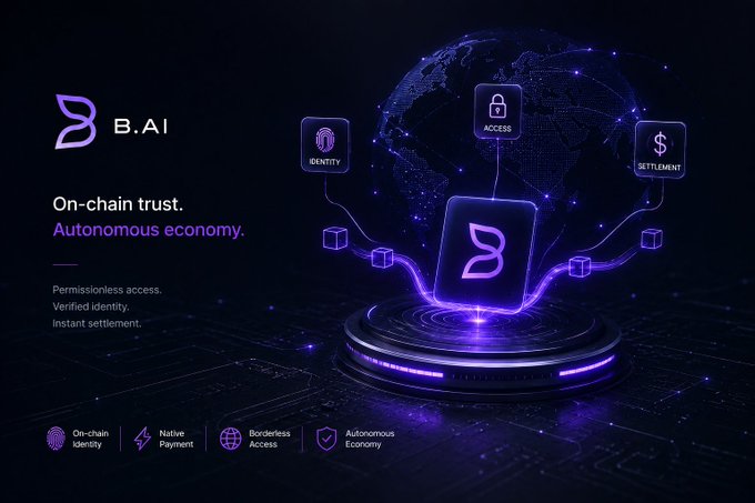 A promotional graphic for B.AI featuring the text 'On-chain trust. Autonomous economy.' with icons for Identity, Access, and Settlement, set against a dark background with a purple globe.