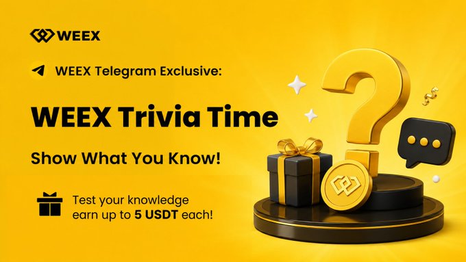 A bright yellow promotional graphic for "WEEX Trivia Time," featuring the WEEX logo and text promoting a Telegram exclusive where participants can test their knowledge and "earn up to 5 USDT each." The image displays a 3D illustration of a large question mark, a gift box, a WEEX coin, and a chat bubble, visually reinforcing the trivia contest and prize giveaway announced in the accompanying post about WEEX's Proof of Reserves.
