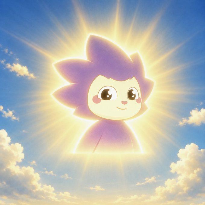 A cute, glowing cartoon character with purple petal-like hair and big eyes standing against a bright, sunburst sky with clouds.