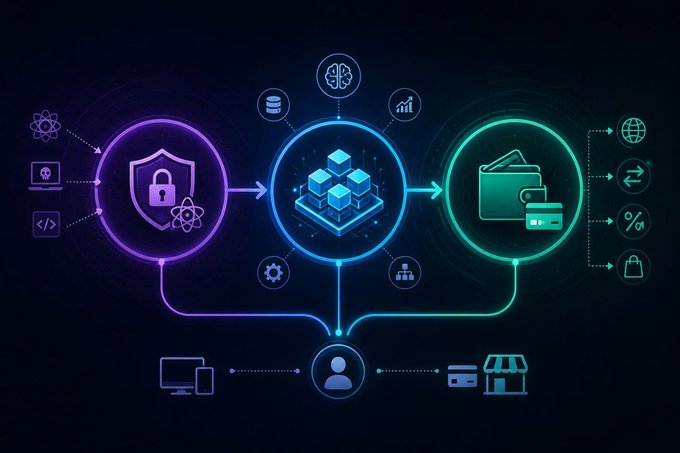 A glowing neon-style infographic illustrates a digital workflow with icons representing security, data processing, and payments connected between a user, devices, and online services.