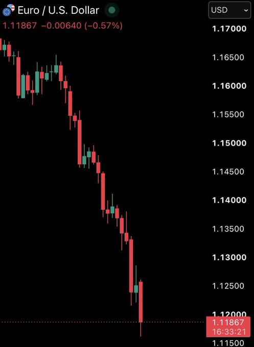A candlestick chart of the Euro/U.S. Dollar (EUR/USD) currency pair shows a sharp decline from around 1.17000 to 1.11867 (-0.57%), illustrating the kind of volatile currency swings that the post references when advocating for a single global currency without borders.